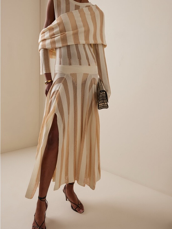 Diotima Dresses & Skirts - Diotima Ivory & Gold Striped Shrug Draped Maxi Dress Size US4 New With Tags